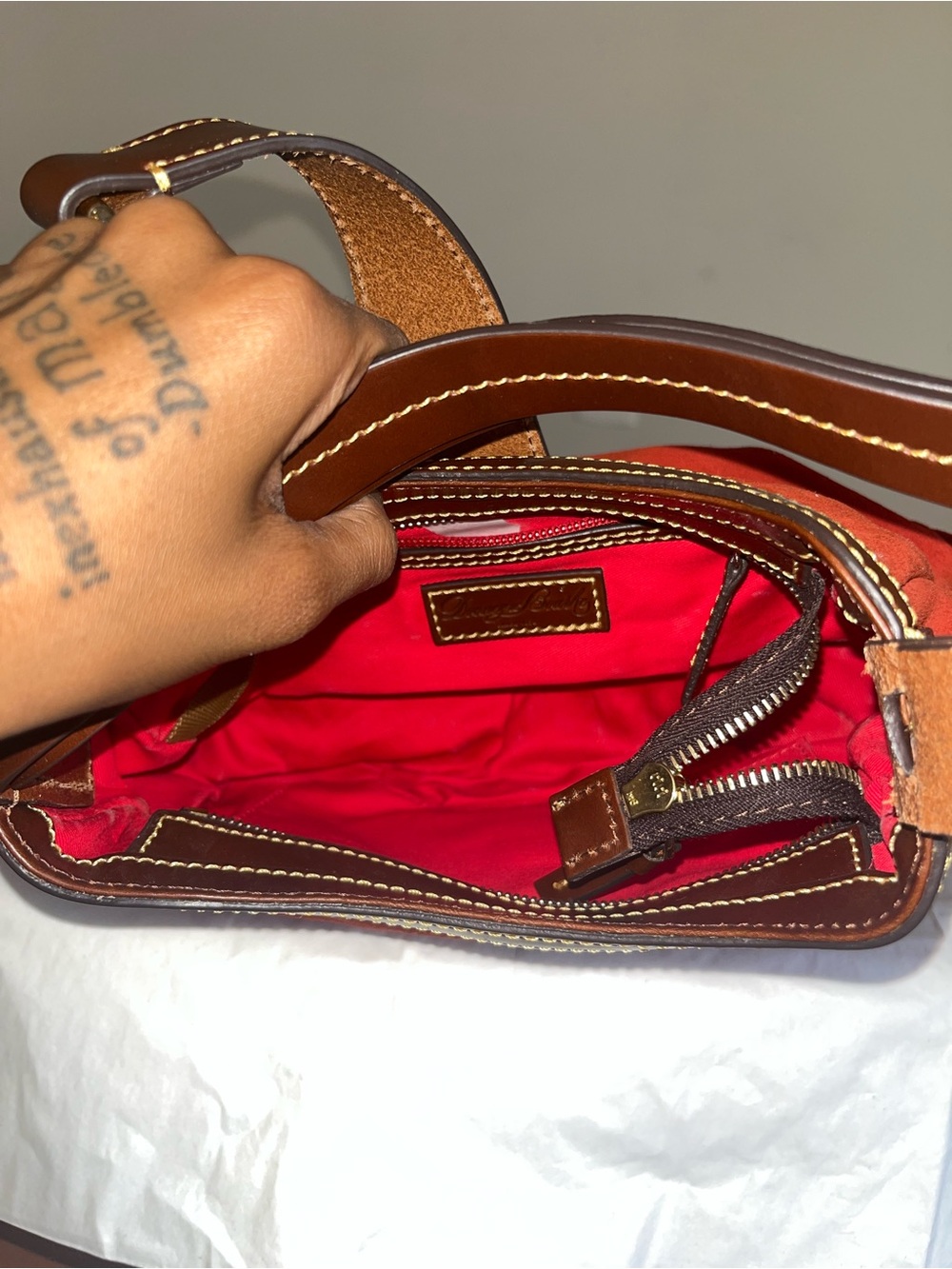 Dooney & Bourke Red Suede Shoulder Bag with Brown Leather Trim - Picture 2 of 3